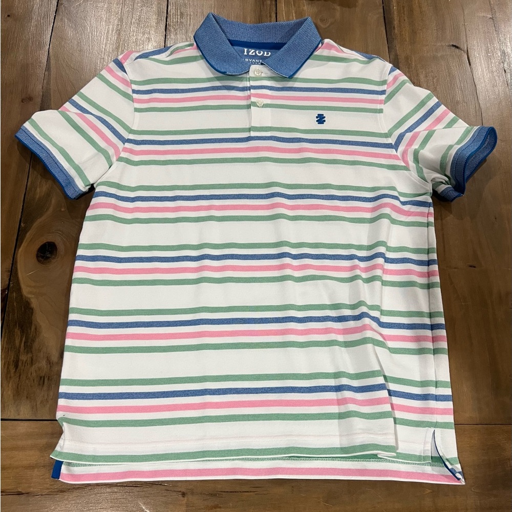 Izod Men’s Short Sleeve Polo Shirt, Size Medium, Green/Pink/Blue Stripe